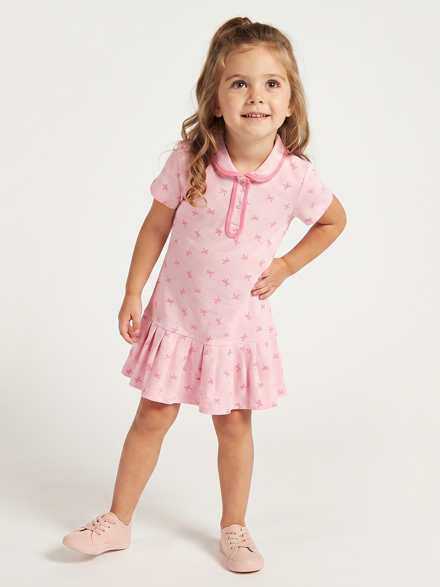 Polo Collared Short Sleeves Knee Length Drop Waist Dress with Bow Print