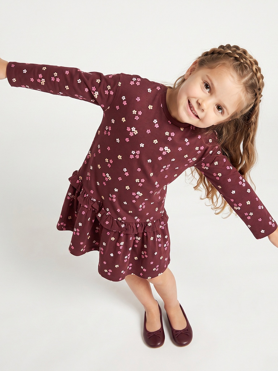 Round Neck Long Sleeves Knee Length Dress with Floral Print