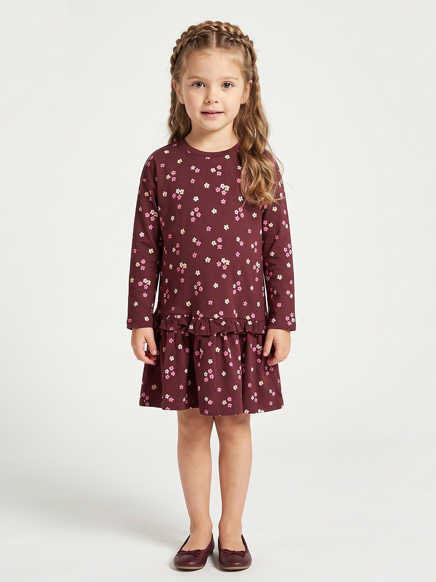 Round Neck Long Sleeves Knee Length Dress with Floral Print