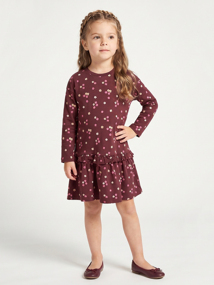 Round Neck Long Sleeves Knee Length Dress with Floral Print