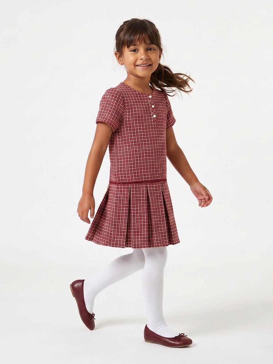 Round Neck Short Sleeves Knee Length Dress with Box Pleats