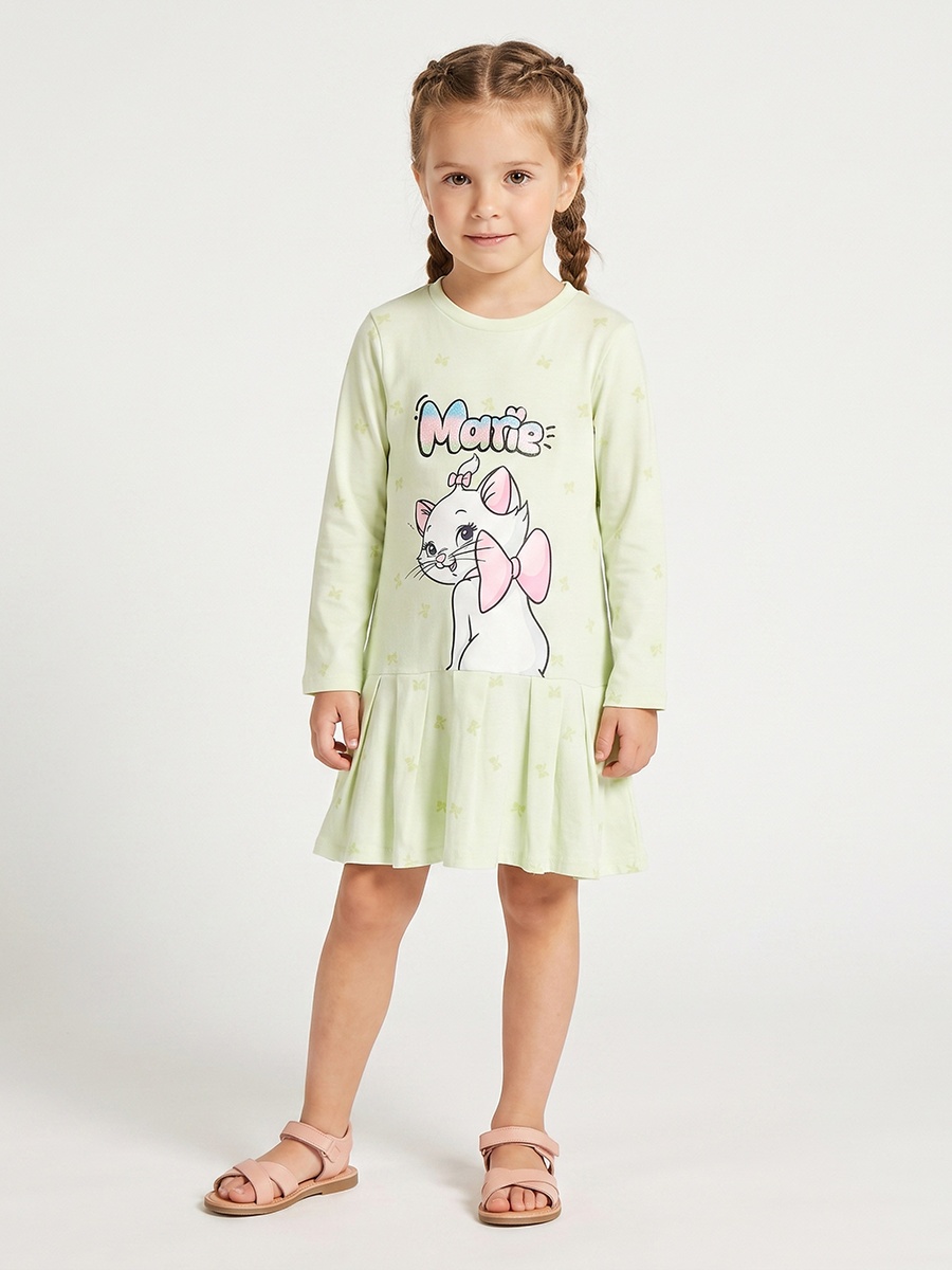 Round Neck Long Sleeves Knee Length Dress with Marie Print