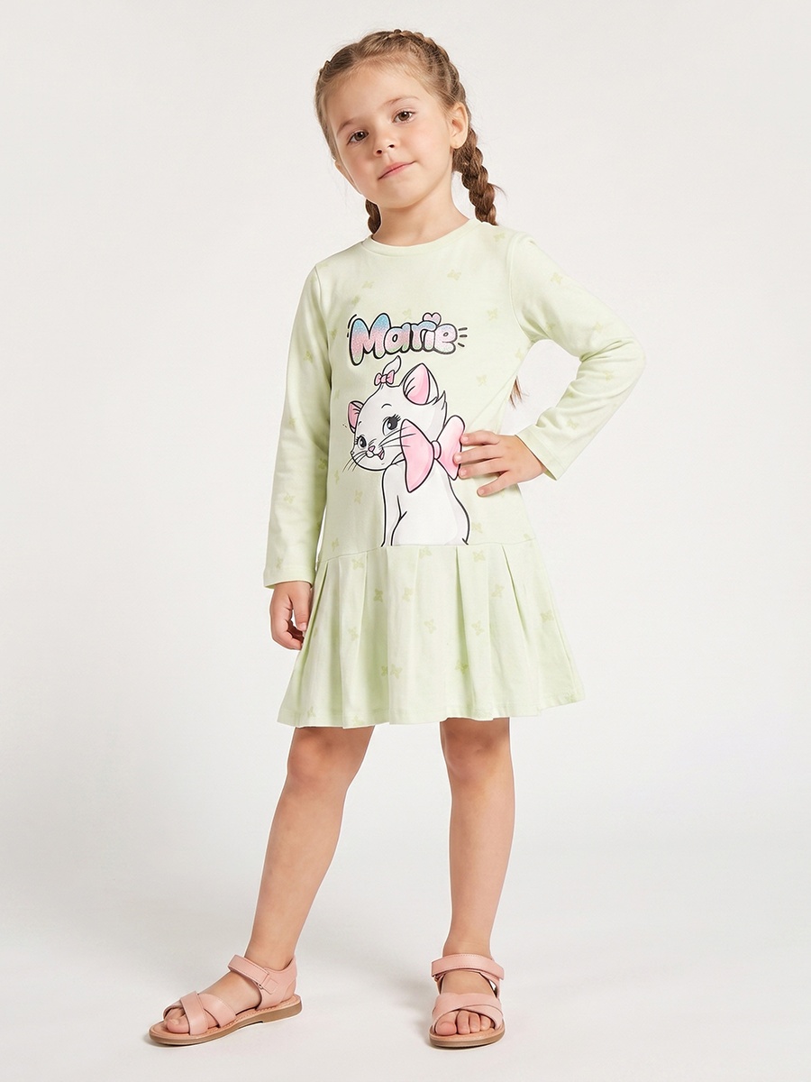 Round Neck Long Sleeves Knee Length Dress with Marie Print