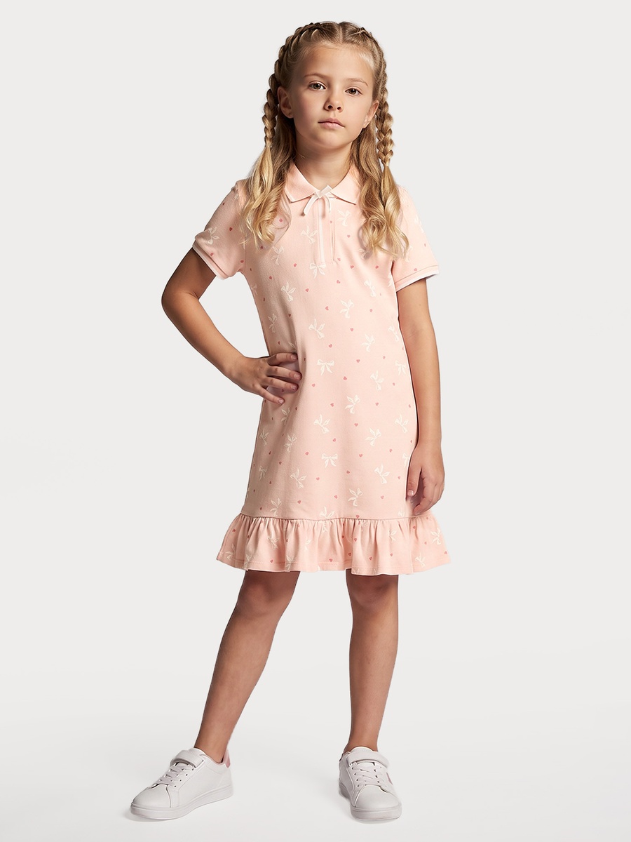 Collared Short Sleeves Knee Length Polo Dress with Bow Print