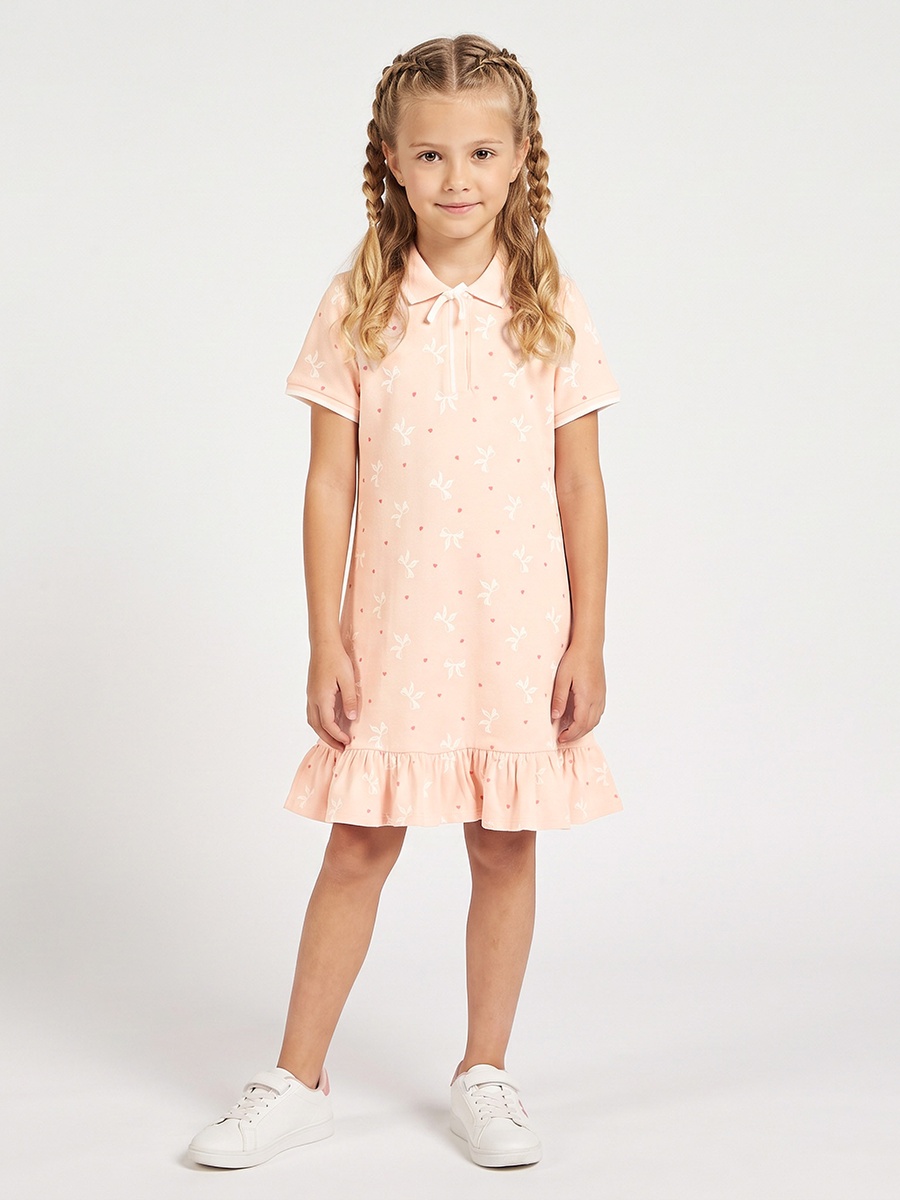 Collared Short Sleeves Knee Length Polo Dress with Bow Print