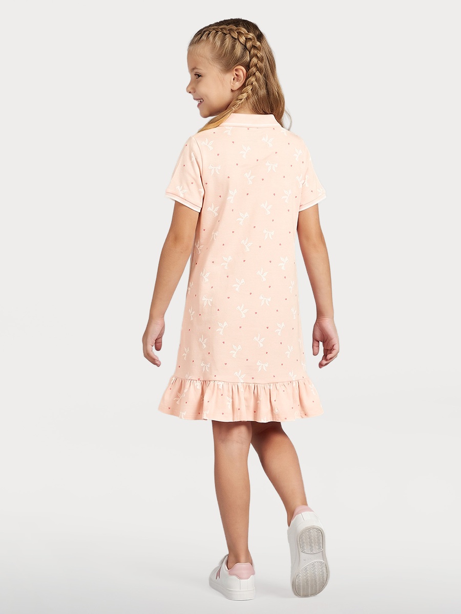 Collared Short Sleeves Knee Length Polo Dress with Bow Print
