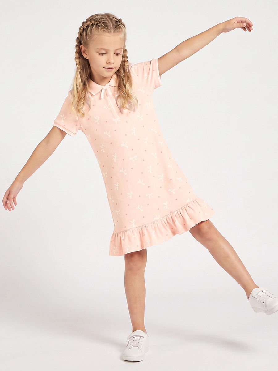 Collared Short Sleeves Knee Length Polo Dress with Bow Print