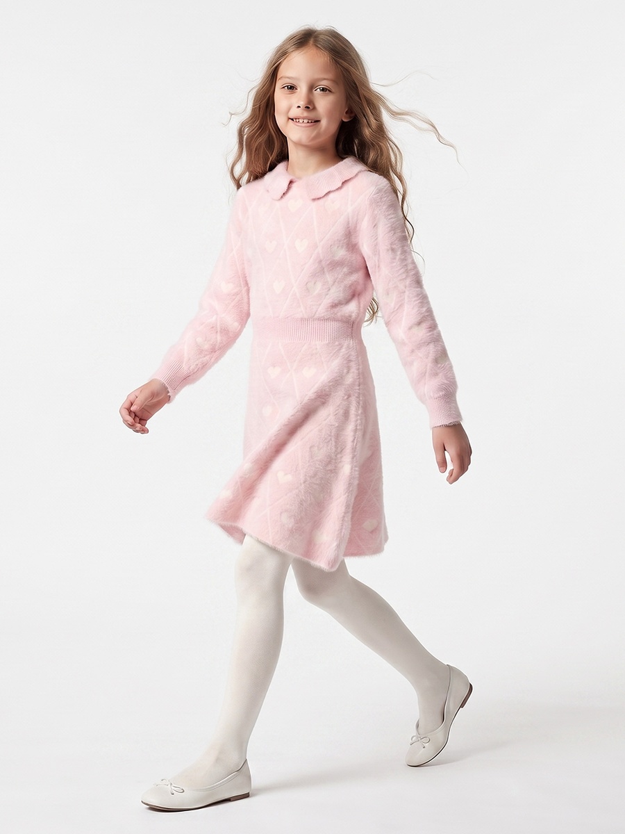 Peter Pan Collar Long Sleeves Knee Length Dress and Tights with Heart Print