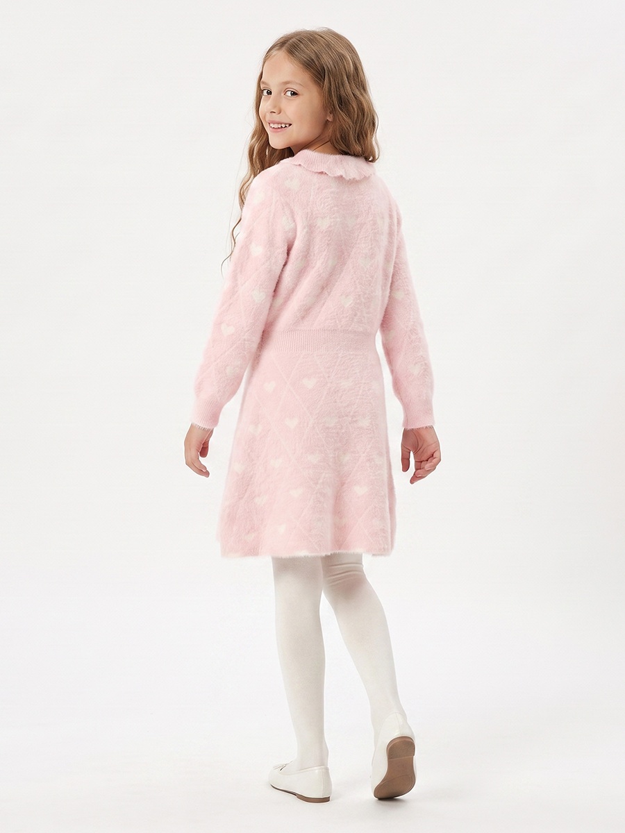 Peter Pan Collar Long Sleeves Knee Length Dress and Tights with Heart Print