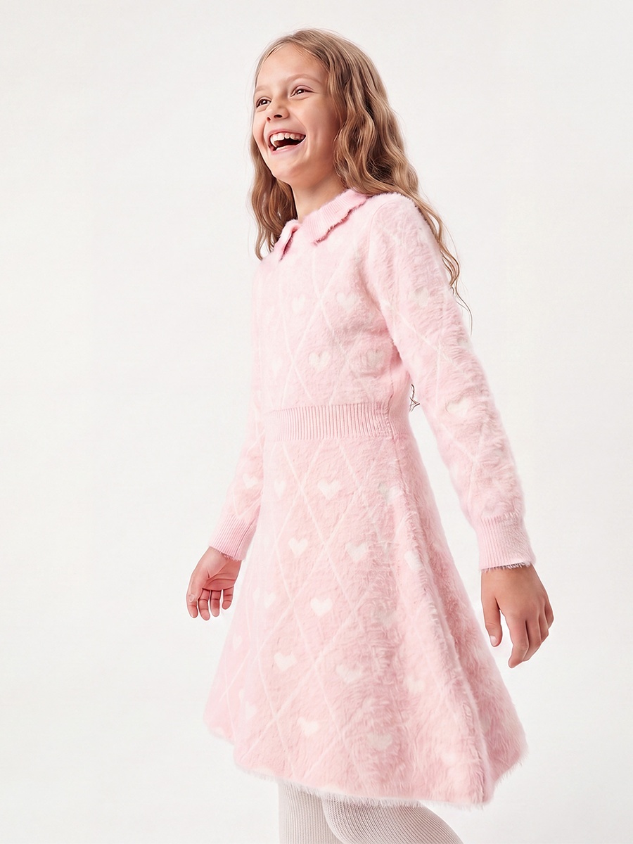 Peter Pan Collar Long Sleeves Knee Length Dress and Tights with Heart Print