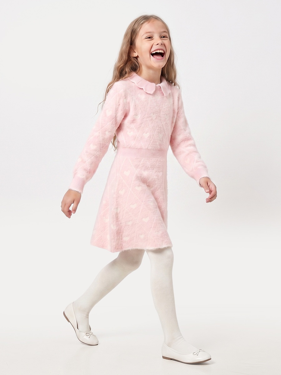 Peter Pan Collar Long Sleeves Knee Length Dress and Tights with Heart Print