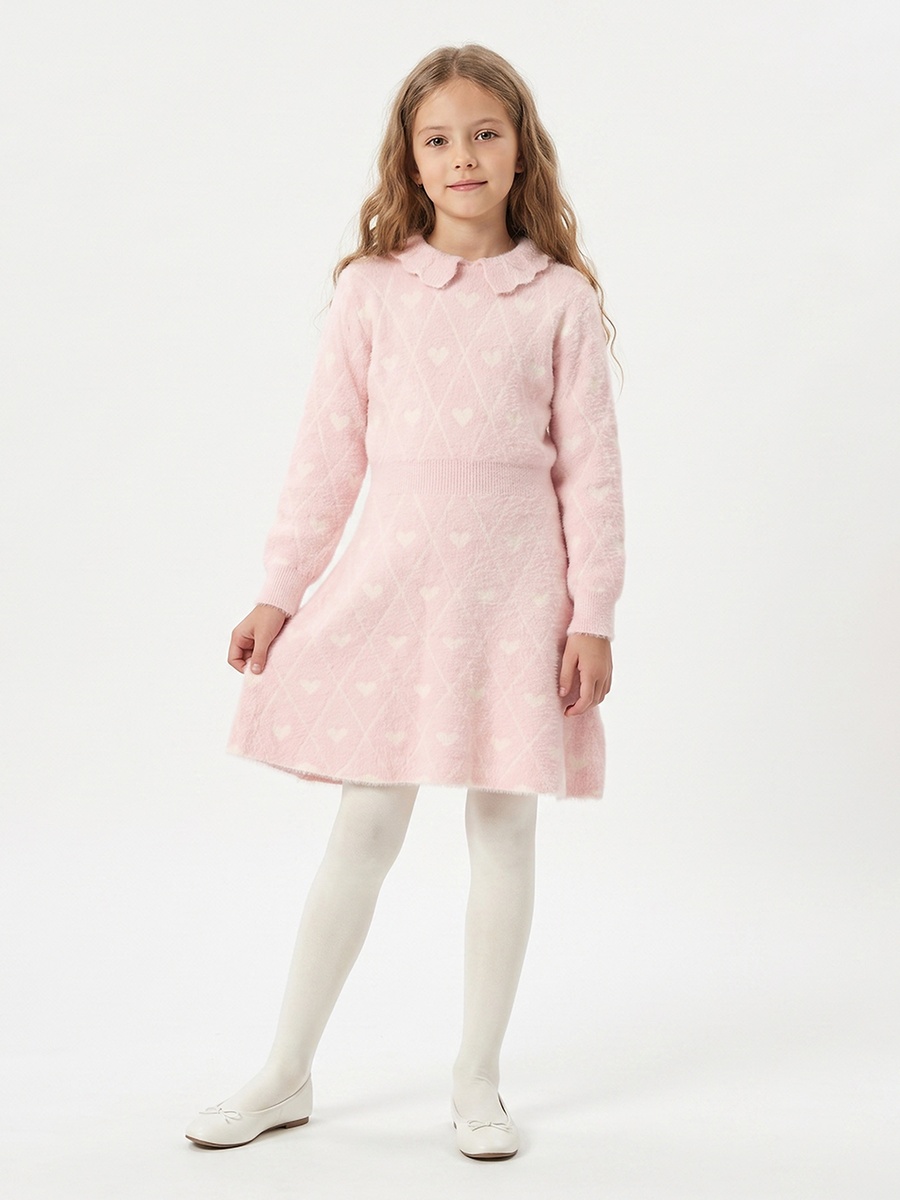 Peter Pan Collar Long Sleeves Knee Length Dress and Tights with Heart Print