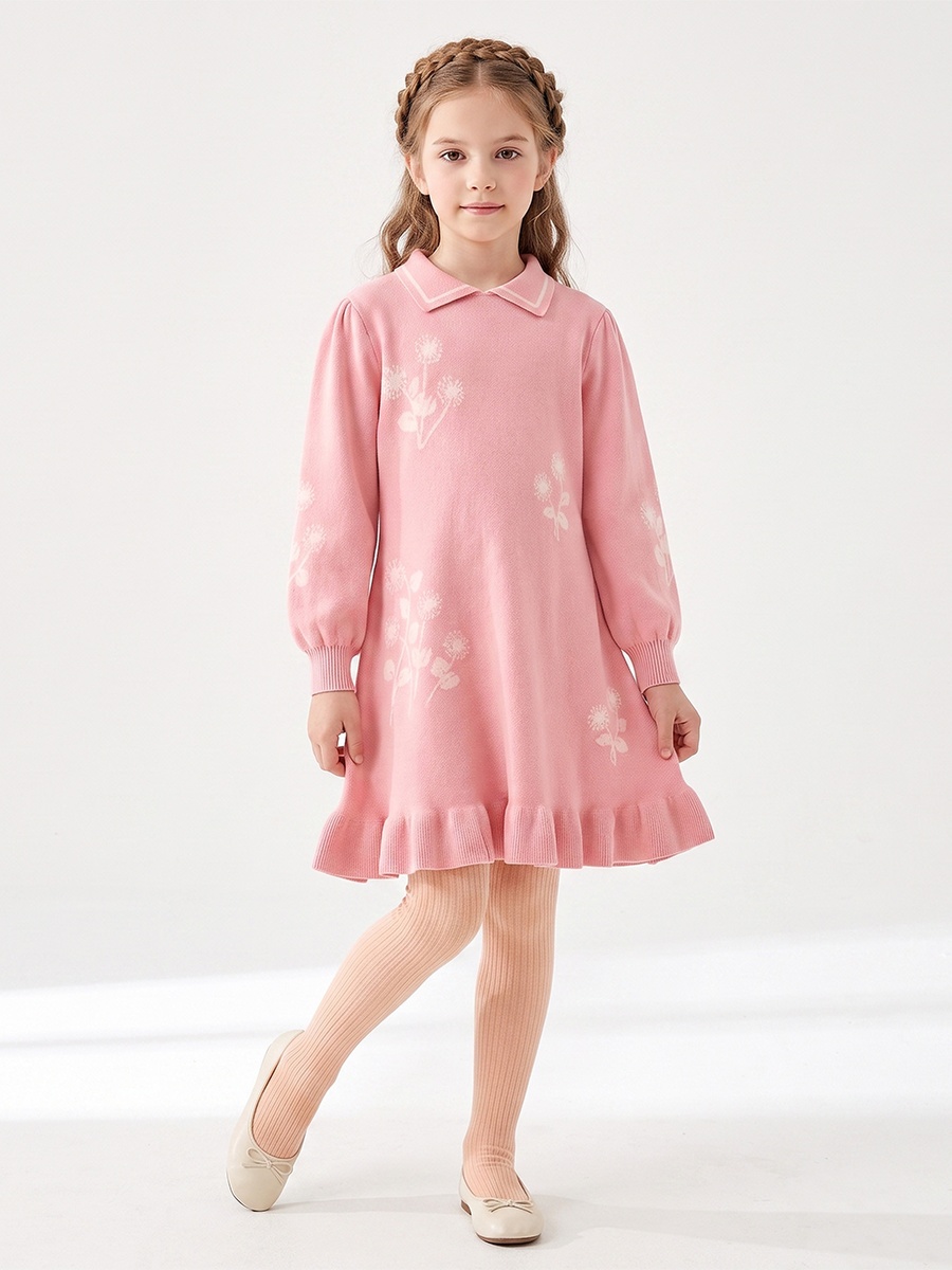 Collared Long Sleeves Knee Length A-line Dress with Floral Print