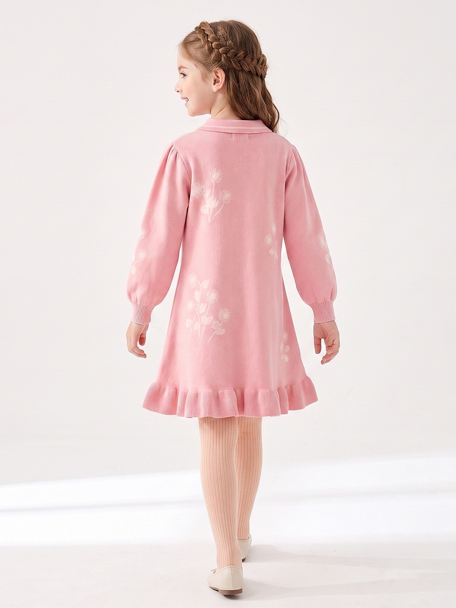 Collared Long Sleeves Knee Length A-line Dress with Floral Print