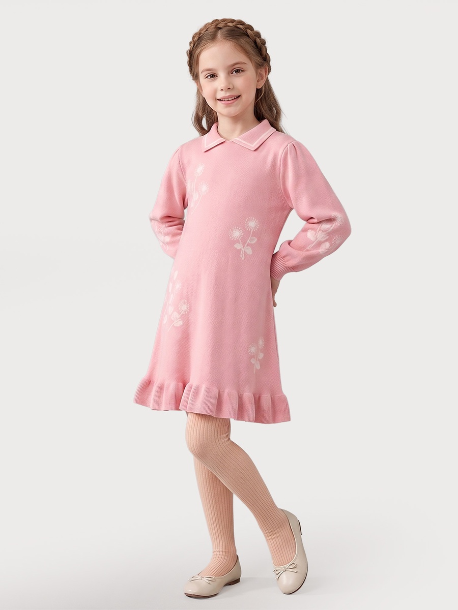 Collared Long Sleeves Knee Length A-line Dress with Floral Print