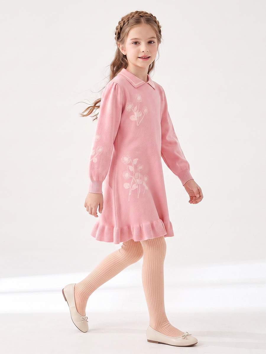 Collared Long Sleeves Knee Length A-line Dress with Floral Print