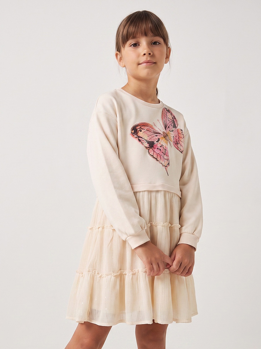 Round Neck Long Sleeves Knee Length Tiered Dress with Butterfly Print
