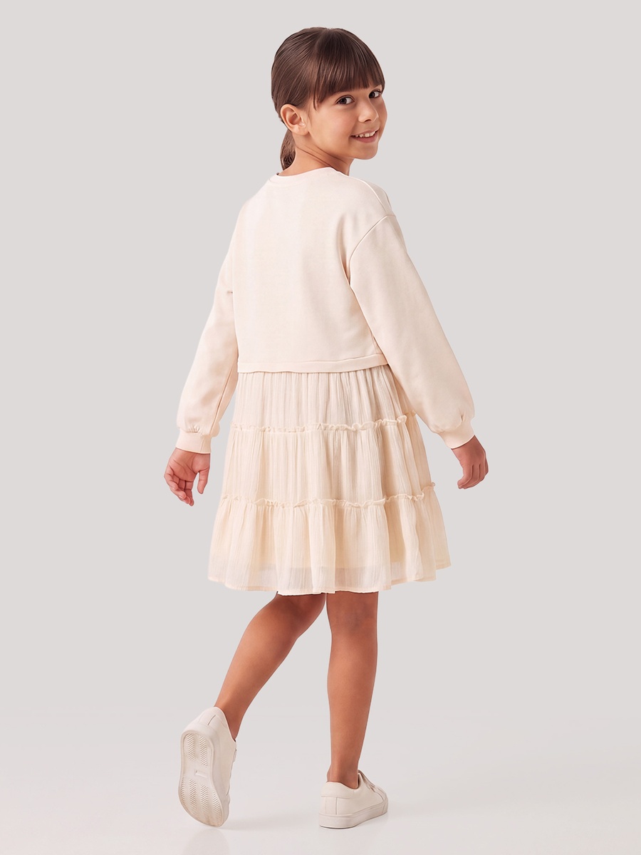 Round Neck Long Sleeves Knee Length Tiered Dress with Butterfly Print