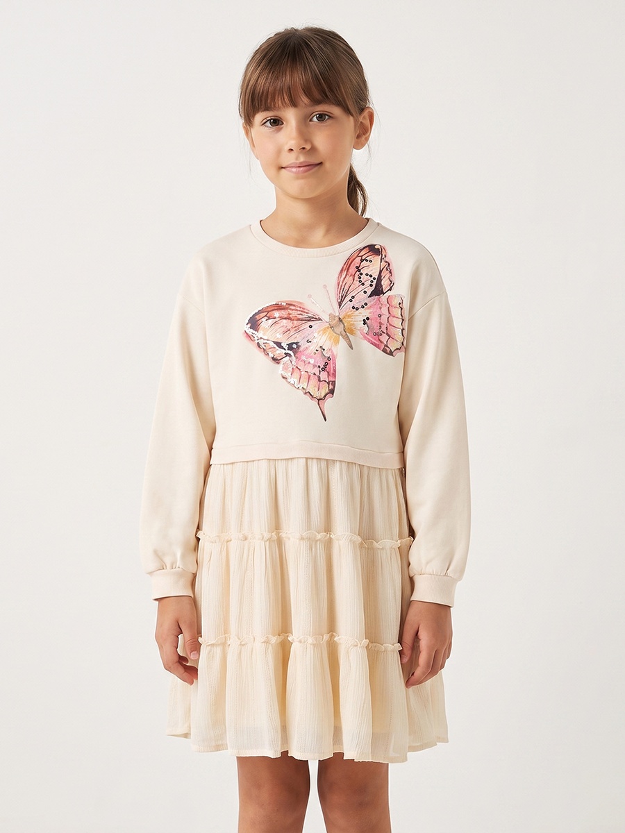 Round Neck Long Sleeves Knee Length Tiered Dress with Butterfly Print