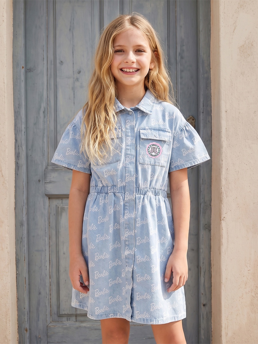 Collared Short Sleeves Knee Length Shirt Dress with Barbie Print