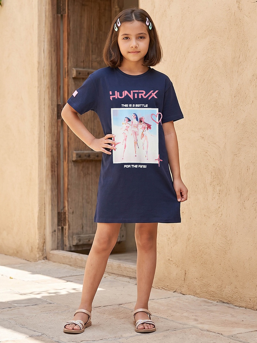 Round Neck Short Sleeves Knee Length Dress with Minnie Mouse Print