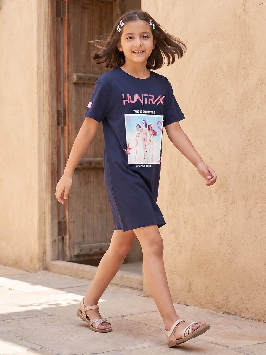 Round Neck Short Sleeves Knee Length Dress with Minnie Mouse Print