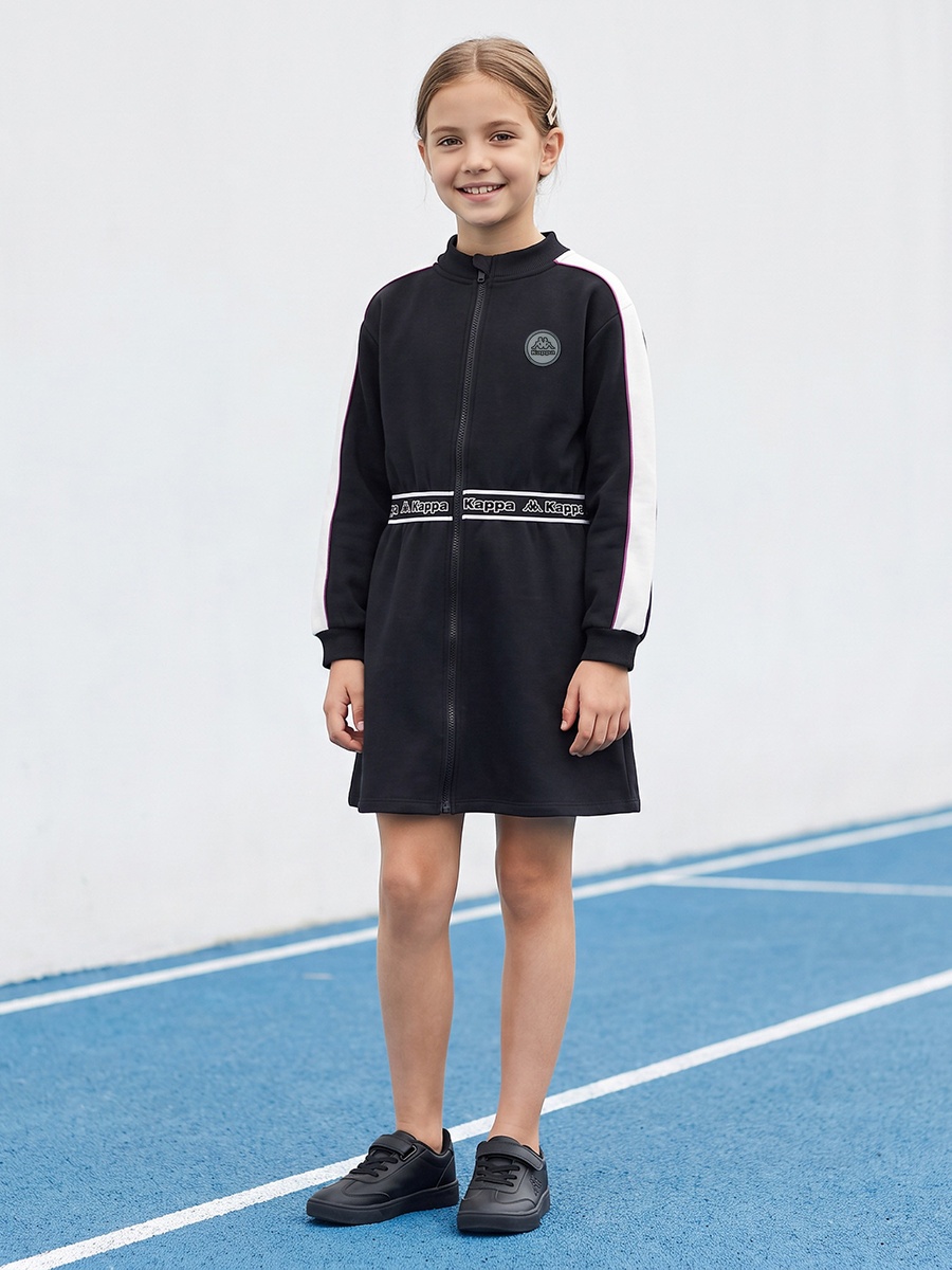 High Neck Long Sleeves Knee Length A-line Dress with Logo Print