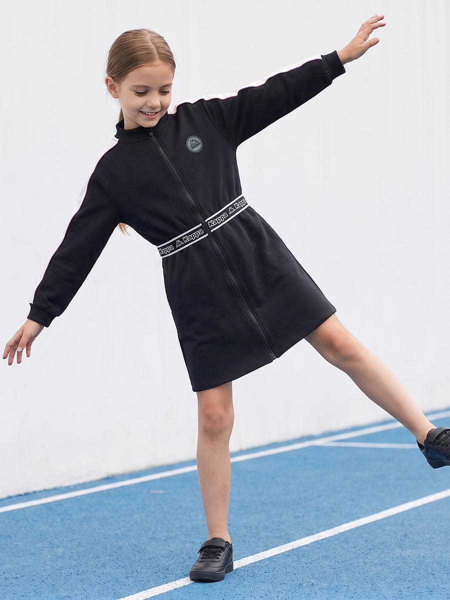 High Neck Long Sleeves Knee Length A-line Dress with Logo Print