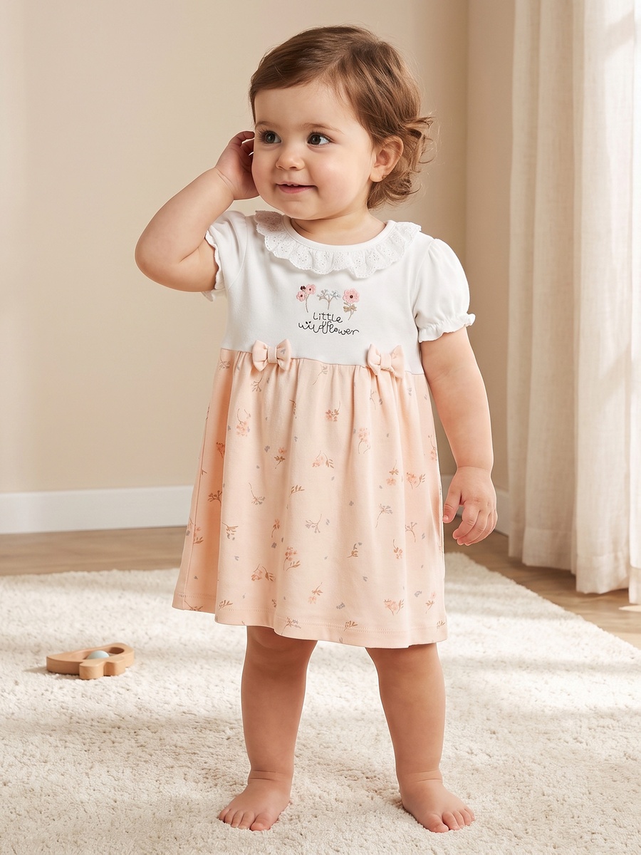 Round Neck Short Sleeves Knee Length A-Line Dress with Floral Print