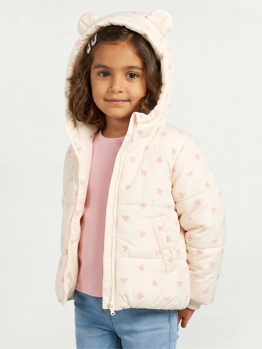 Bow Print Puffer Jacket with Zip Closure