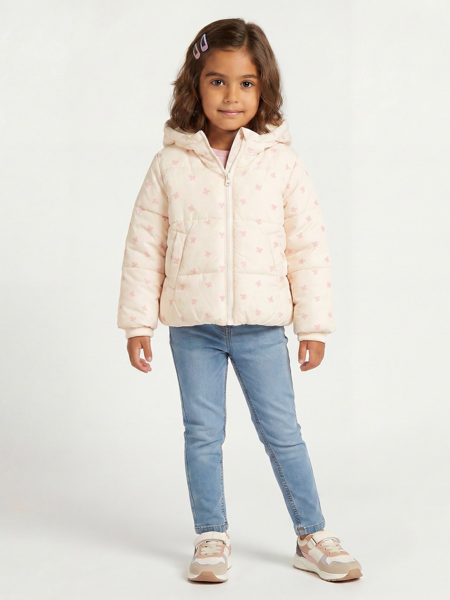 Bow Print Puffer Jacket with Zip Closure