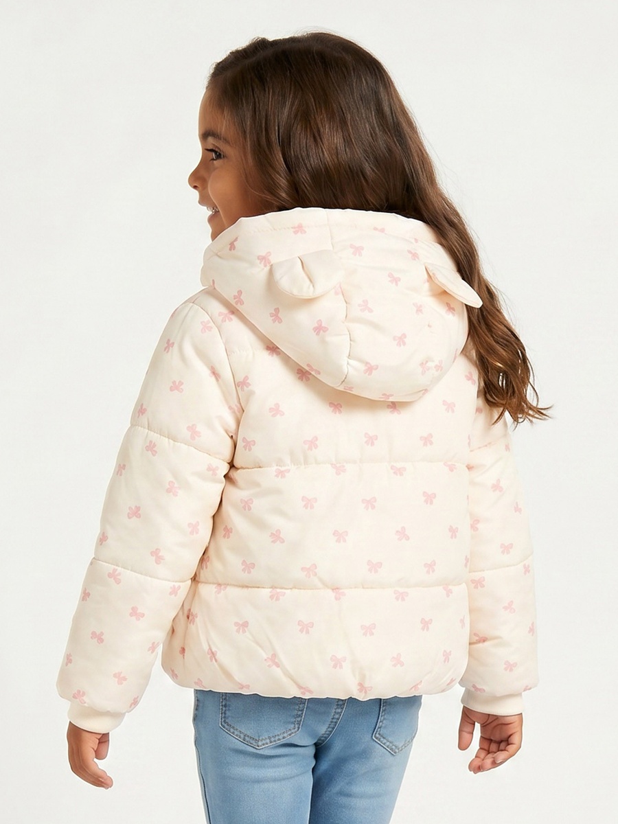 Bow Print Puffer Jacket with Zip Closure