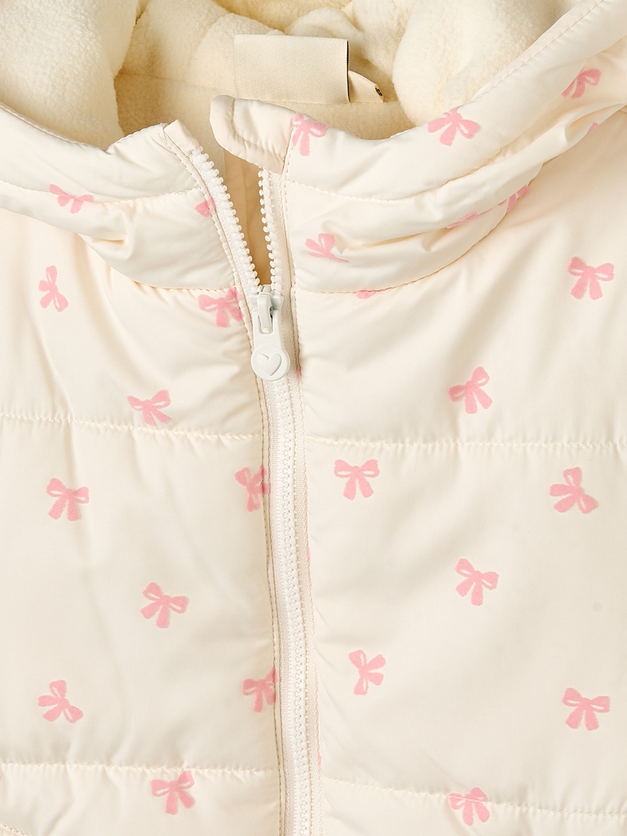 Bow Print Puffer Jacket with Zip Closure