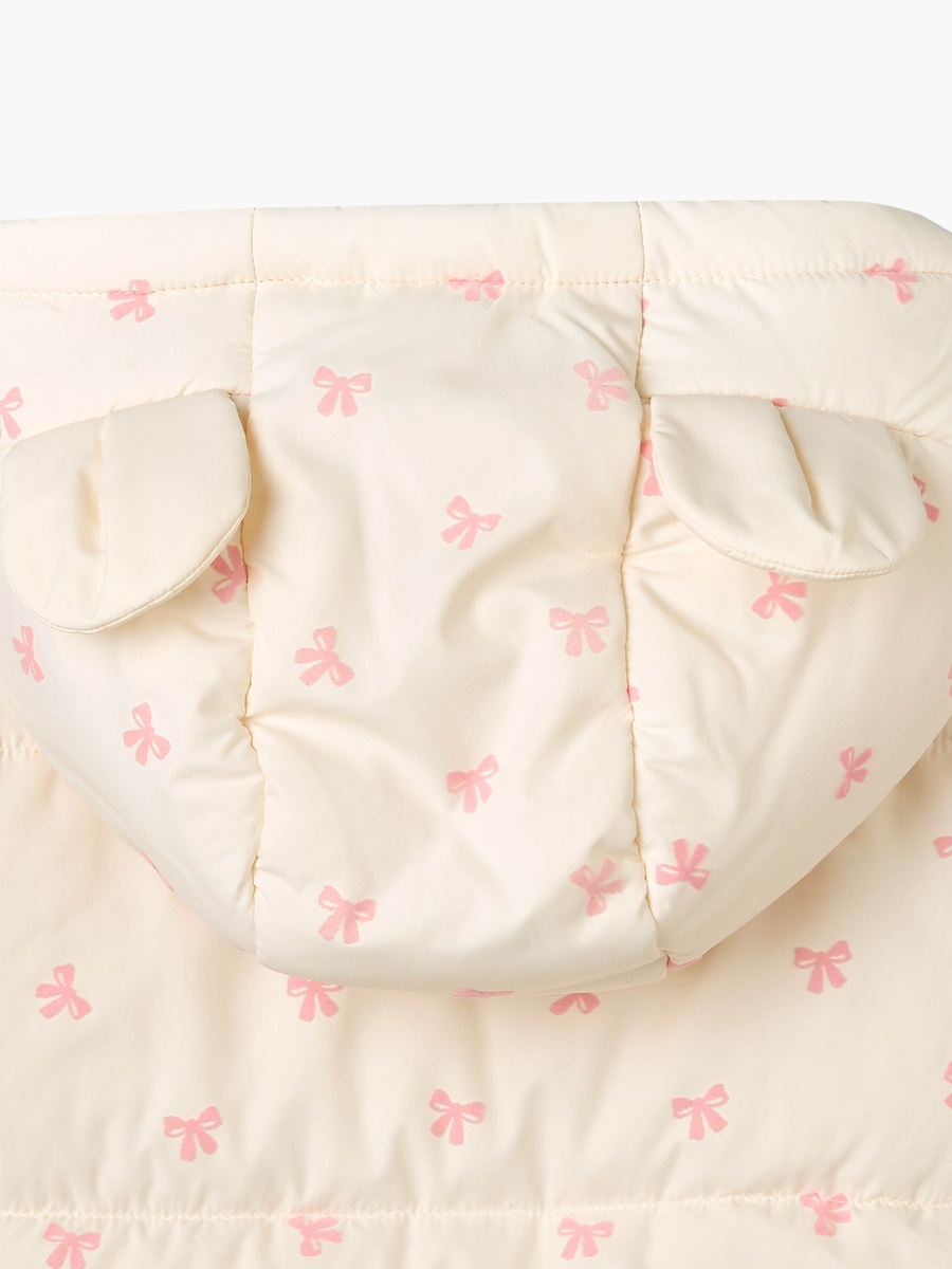 Bow Print Puffer Jacket with Zip Closure