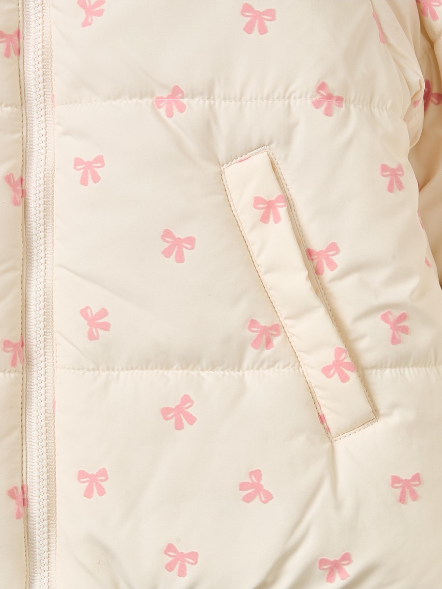 Bow Print Puffer Jacket with Zip Closure
