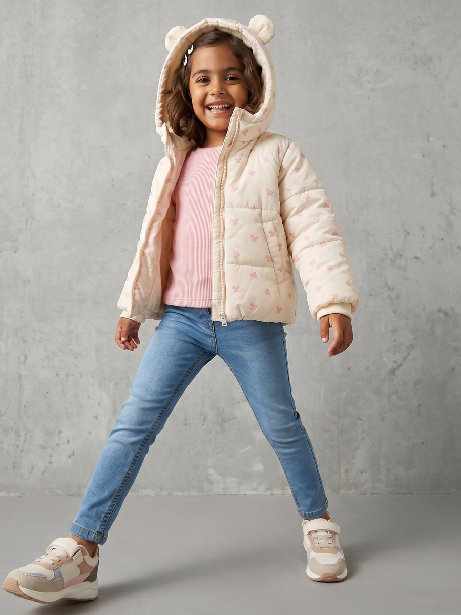 Bow Print Puffer Jacket with Zip Closure