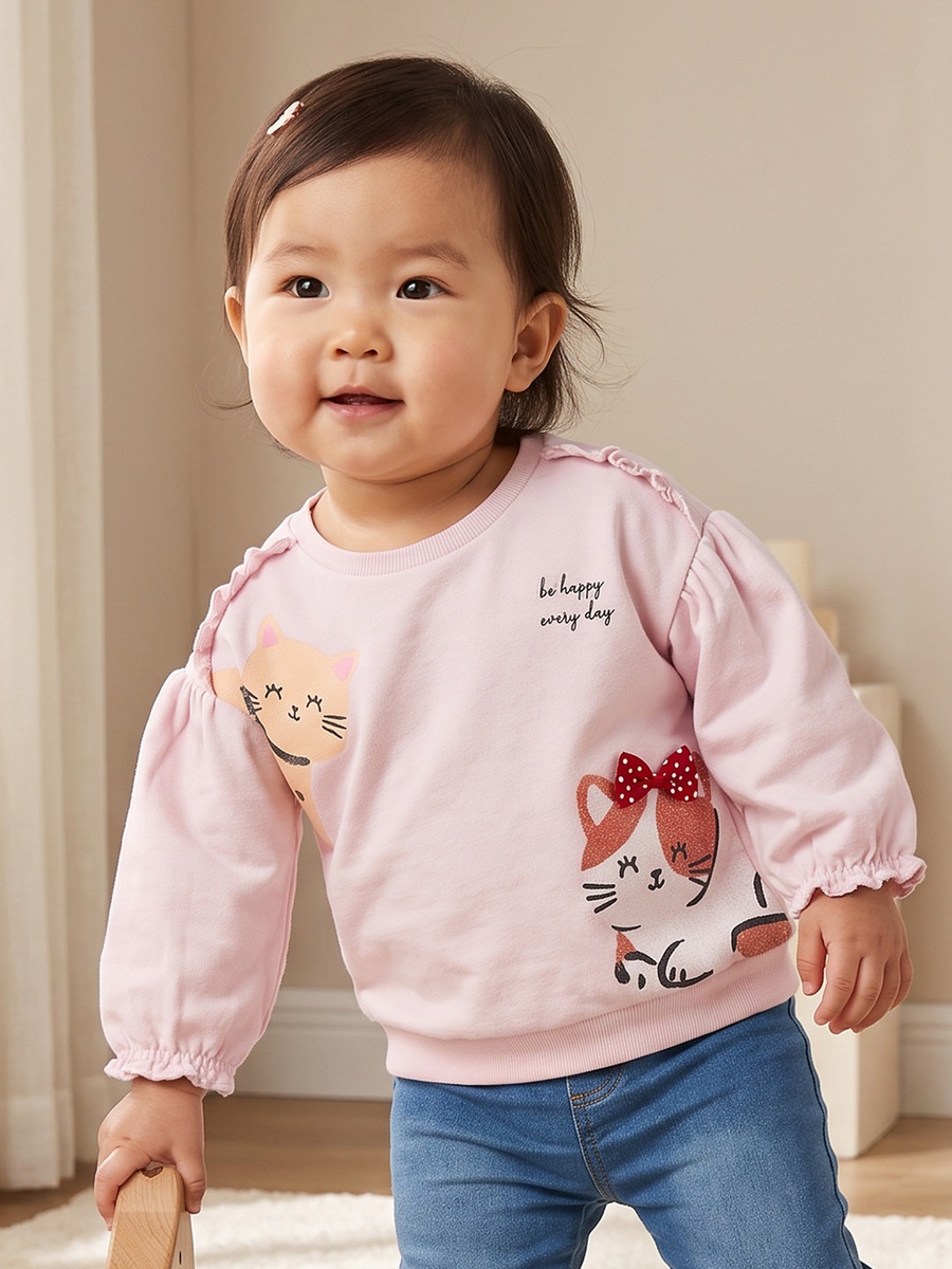 Cat Print Sweatshirt with Long Sleeves