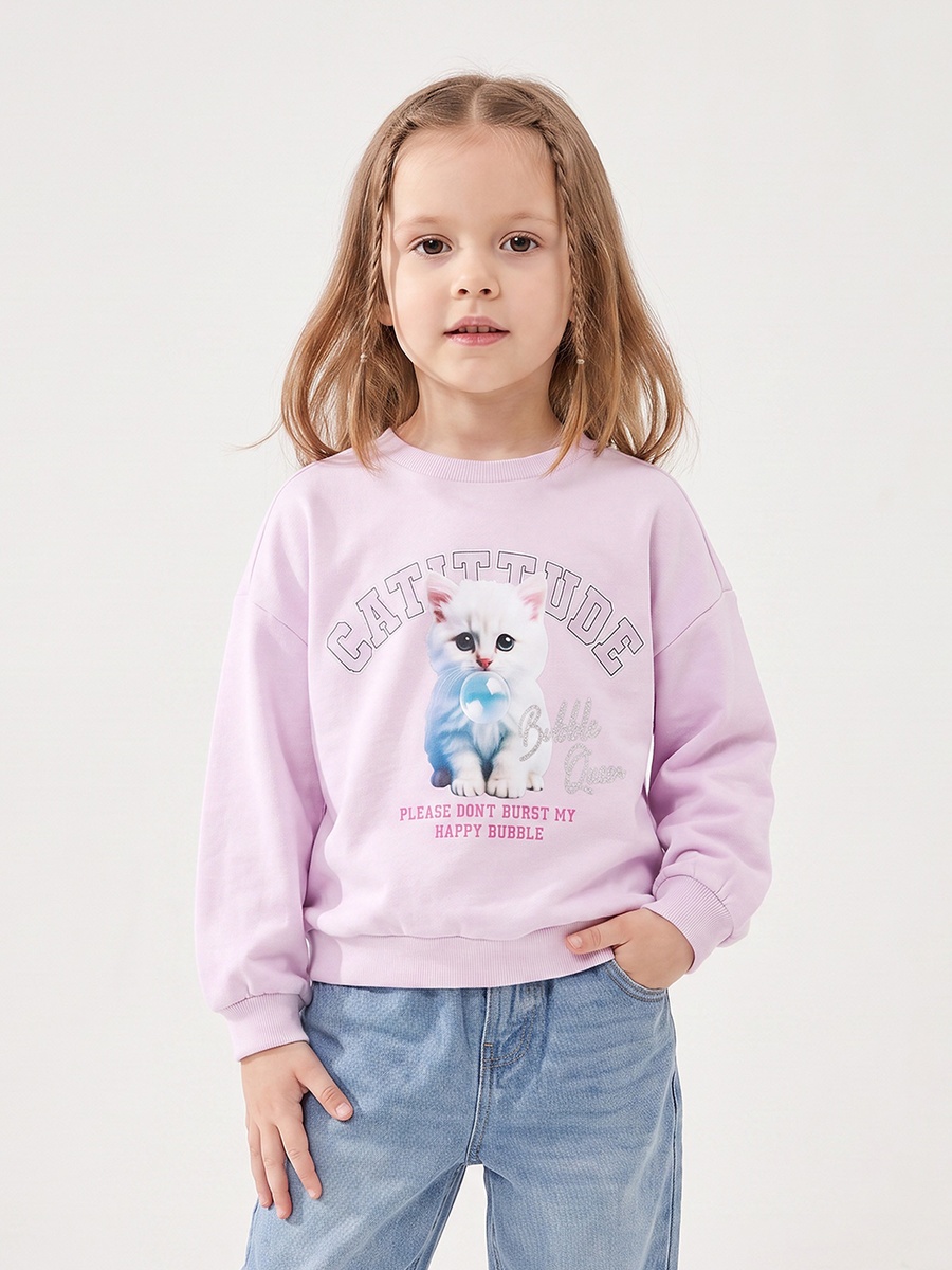 Cat Print Sweatshirt with Long Sleeves