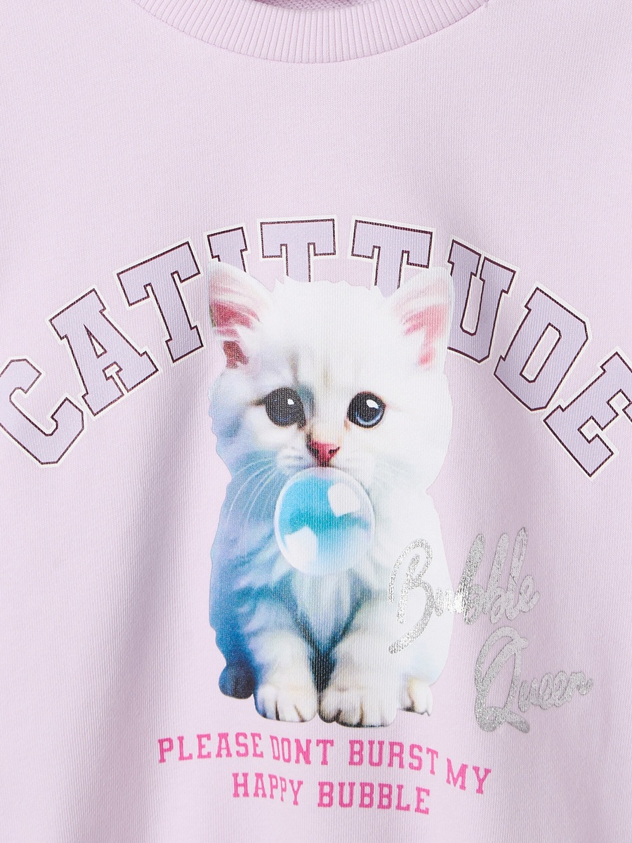 Cat Print Sweatshirt with Long Sleeves