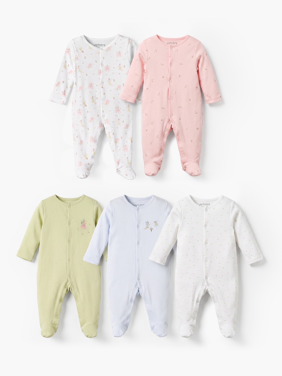 Pack of 5 Round Neck Long Sleeves Sleepsuits with Fairy Print
