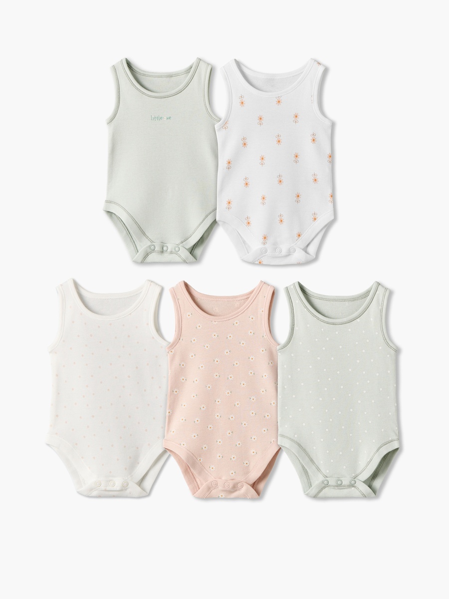 Pack of 5 Cotton Crew Neck Sleeveless Bodysuit with Snap Button Closure