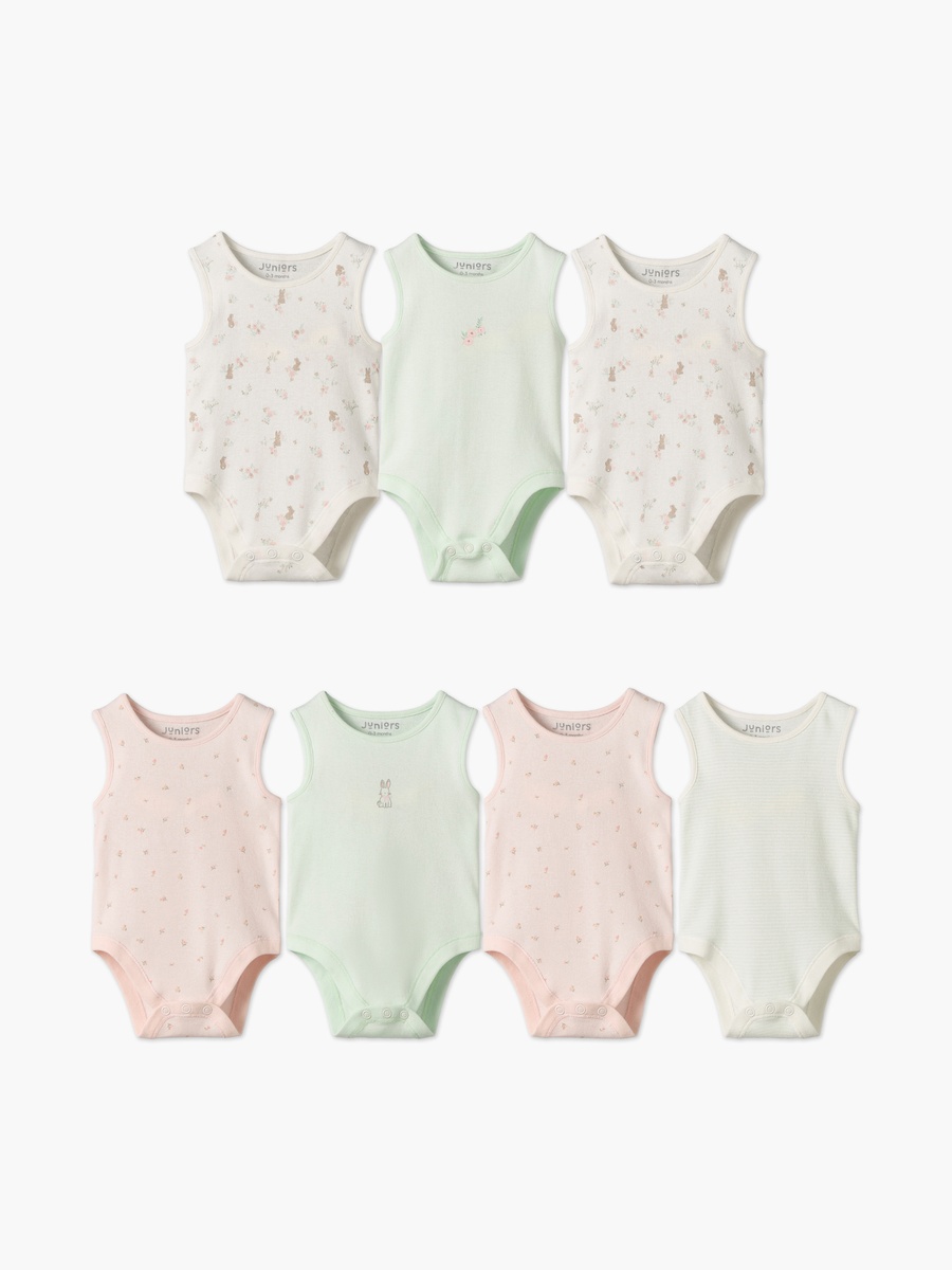 Pack of 7 Cotton Crew Neck Sleeveless Bodysuit with Floral Print