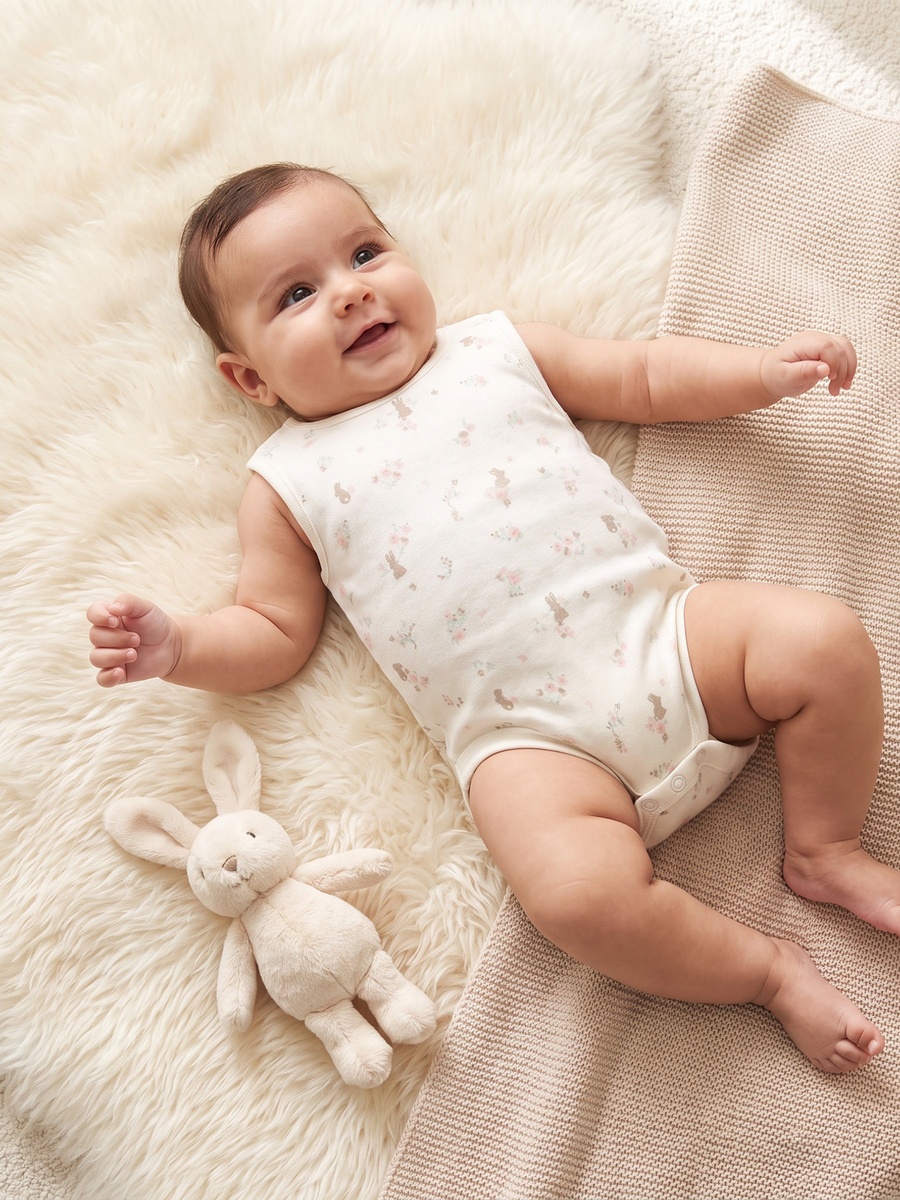 Pack of 7 Cotton Crew Neck Sleeveless Bodysuit with Floral Print