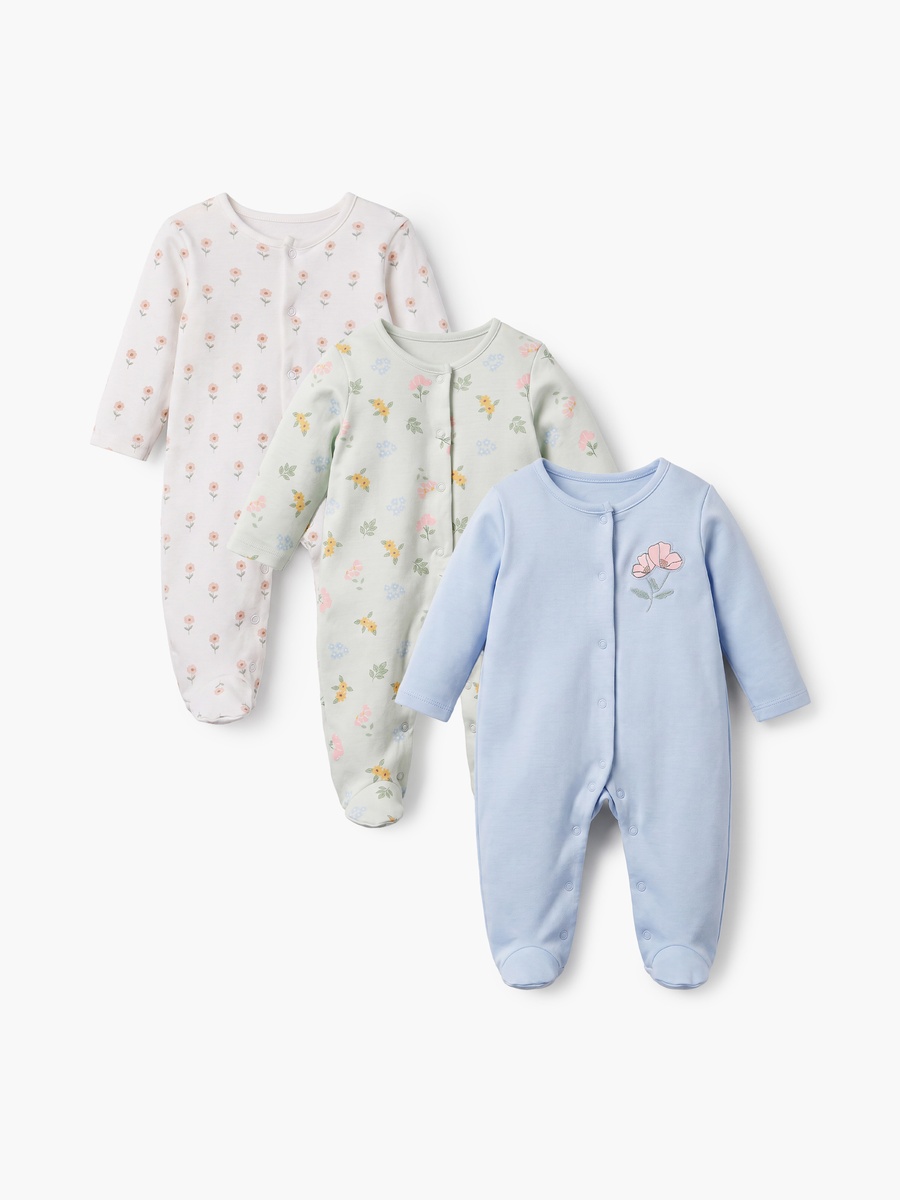 Pack of 3 Round Neck Long Sleeves Sleepsuit with Floral Print