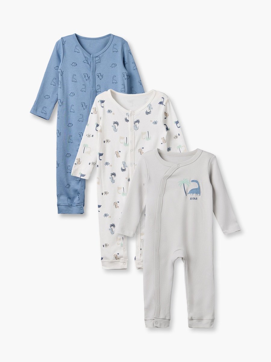 Pack of 3 Cotton Round Neck Long Sleeves Sleepsuit with Dinosaur Print