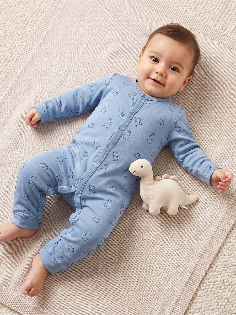 Pack of 3 Cotton Round Neck Long Sleeves Sleepsuit with Dinosaur Print