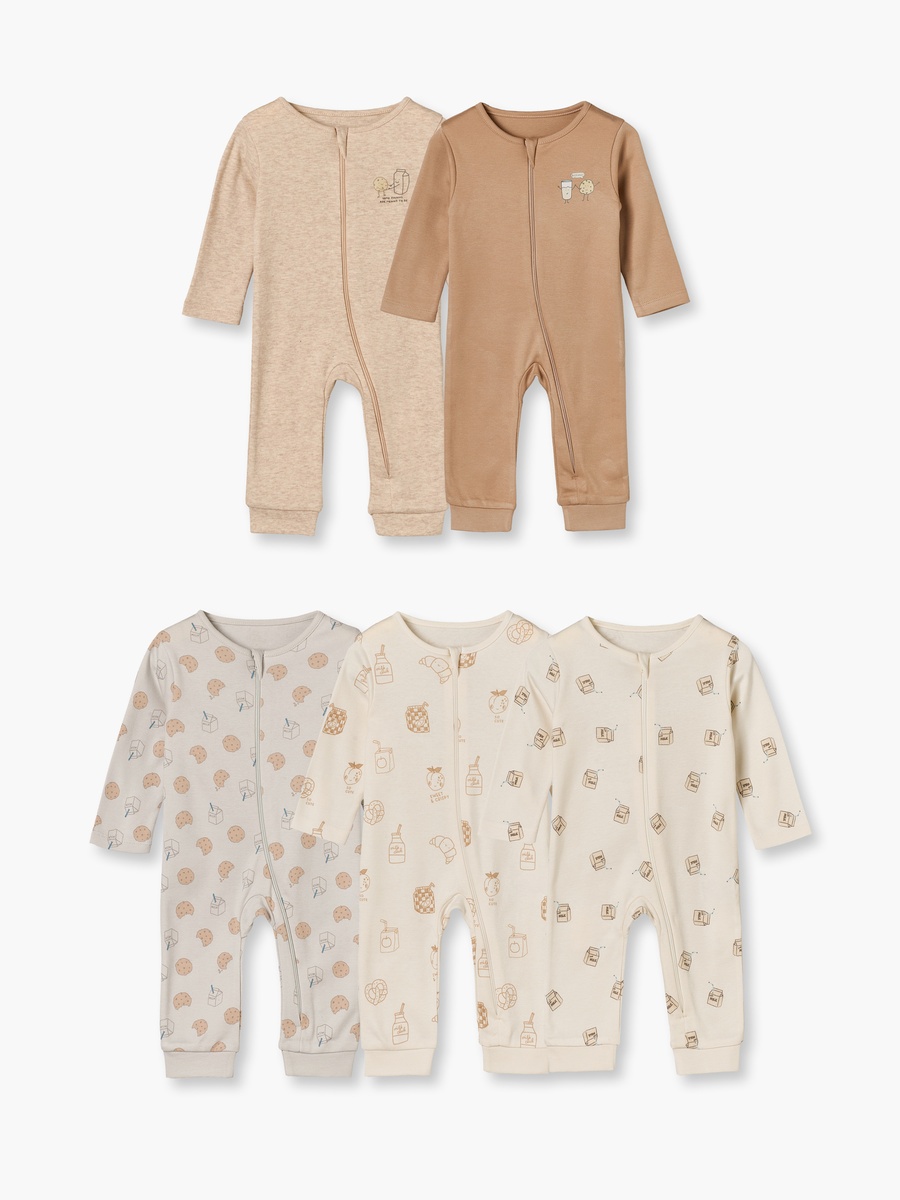 Pack of 5 Cotton Crew Neck Long Sleeves Sleepsuit with Food Print