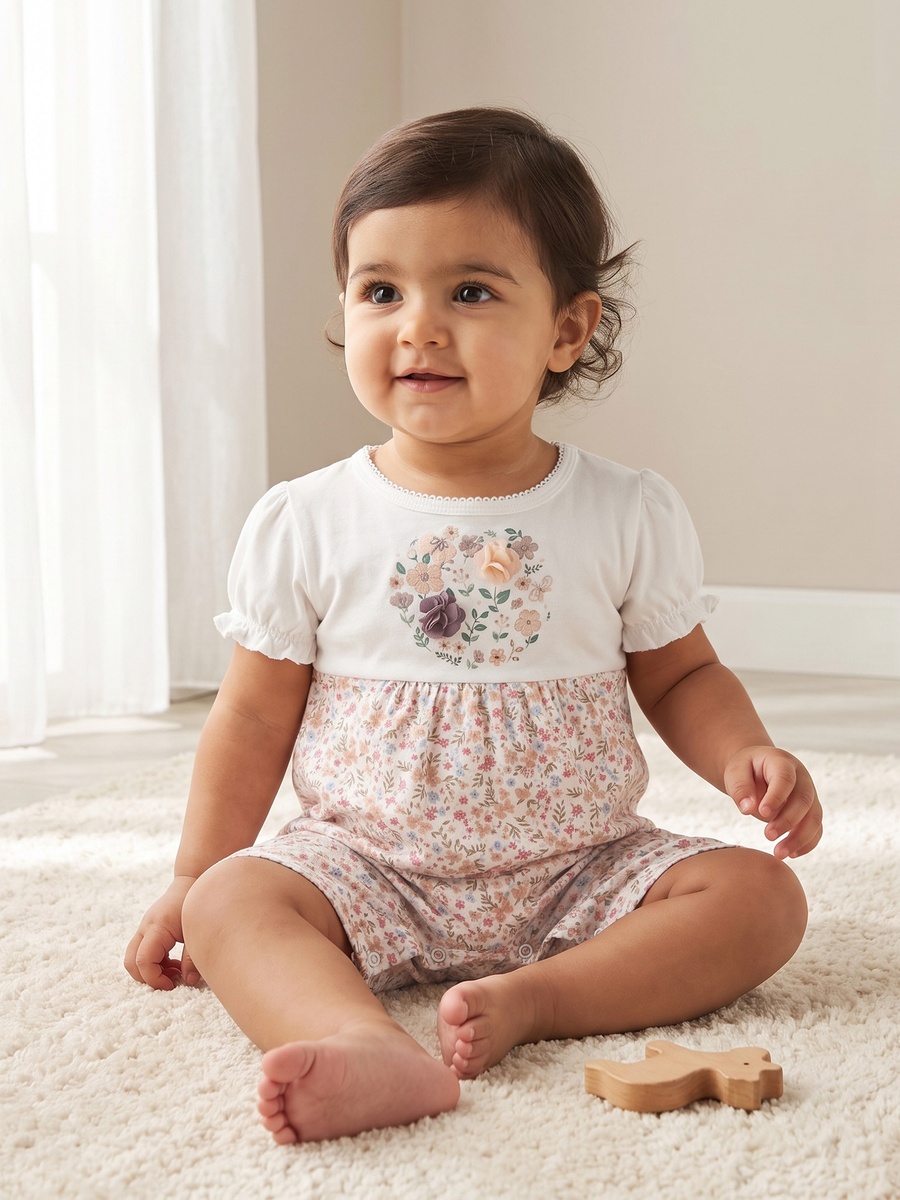 Round Neck Short Sleeves Rompers with Floral Print
