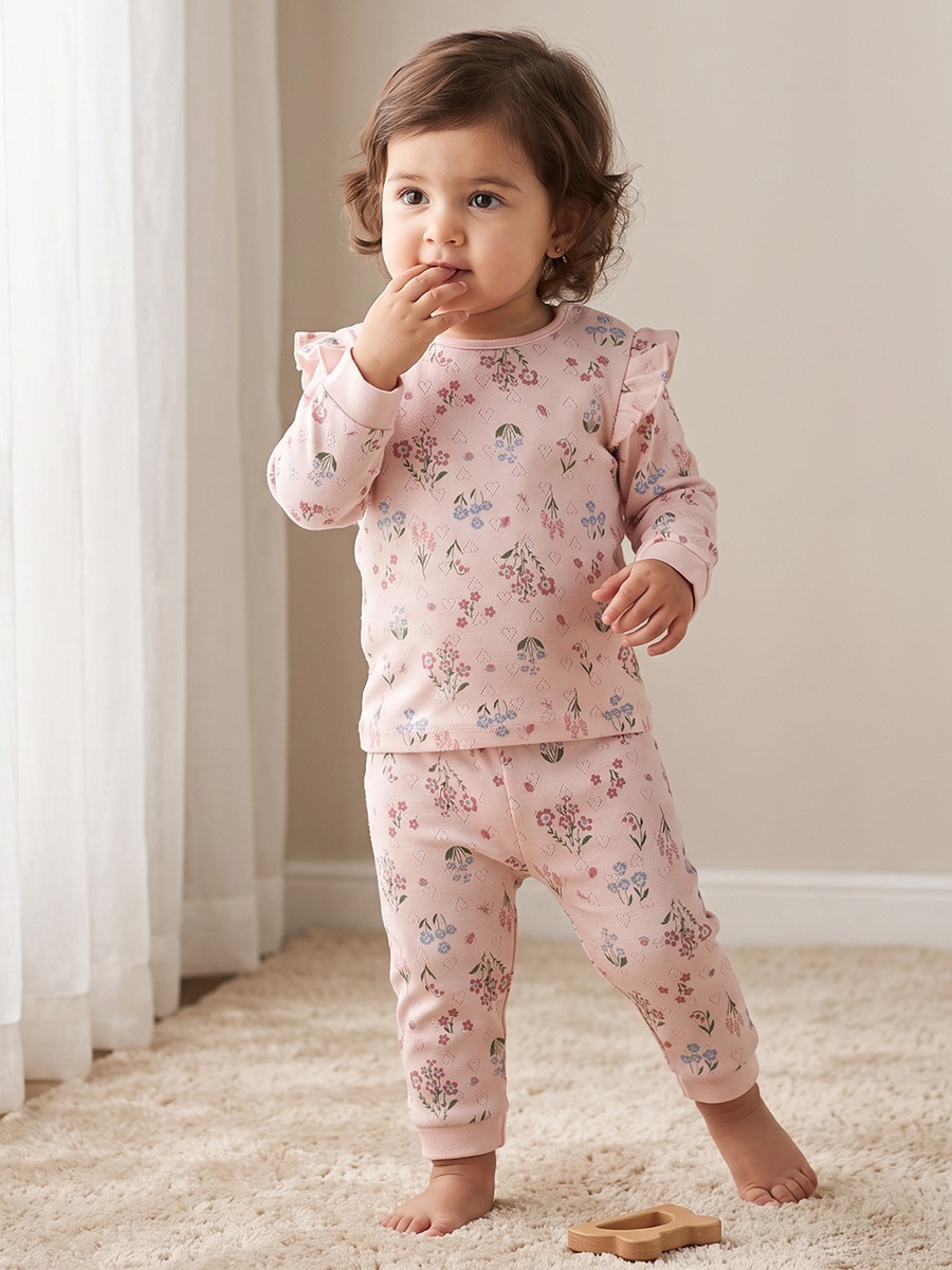 Cotton Crew Neck Long Sleeves Pyjama Set with Floral Print