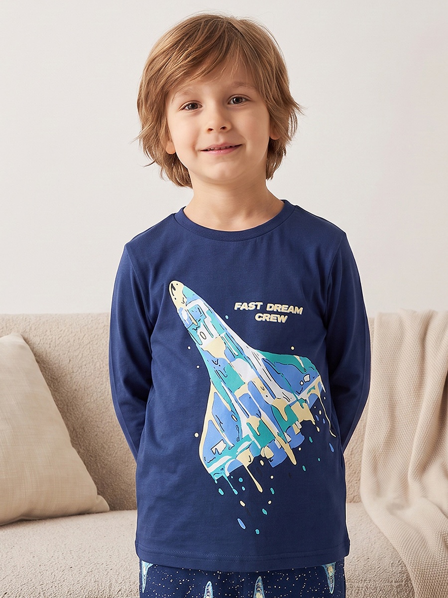 Cotton Crew Neck Long Sleeves Pyjama Set with Aeroplane Print
